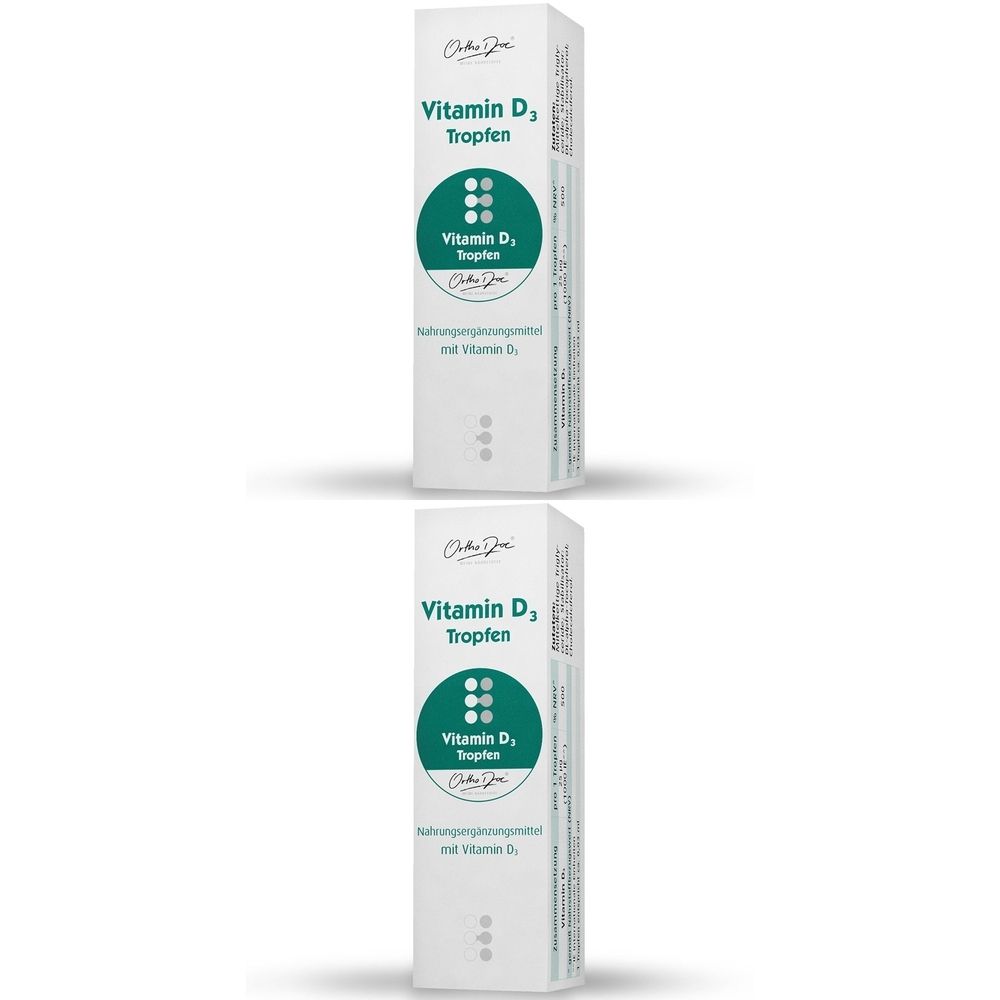 Zwei weiße Schachteln mit grünen Kreisen und Text. Aufschrift: Vitamin D3 Tropfen.