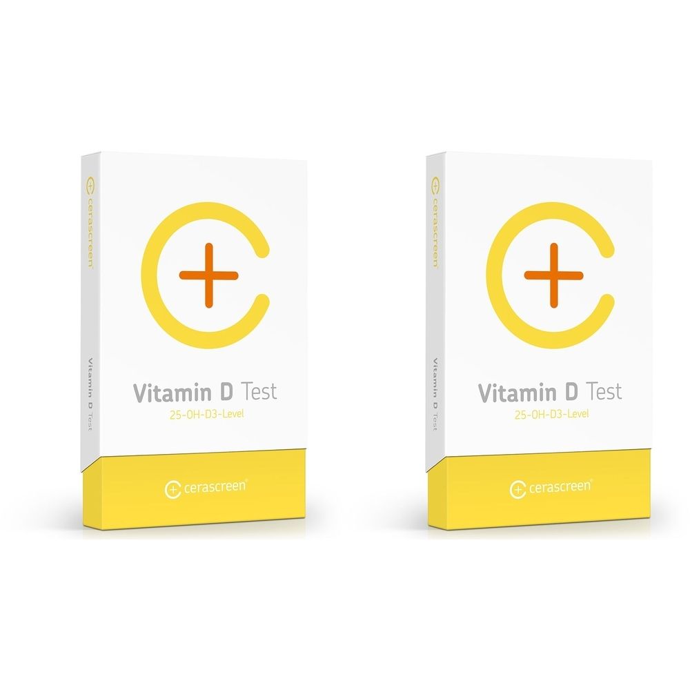Zwei weiße Kartons mit gelben Akzenten. Aufdruck: gelbes C mit Kreuz, Vitamin D Test, Cerascreen Logo.