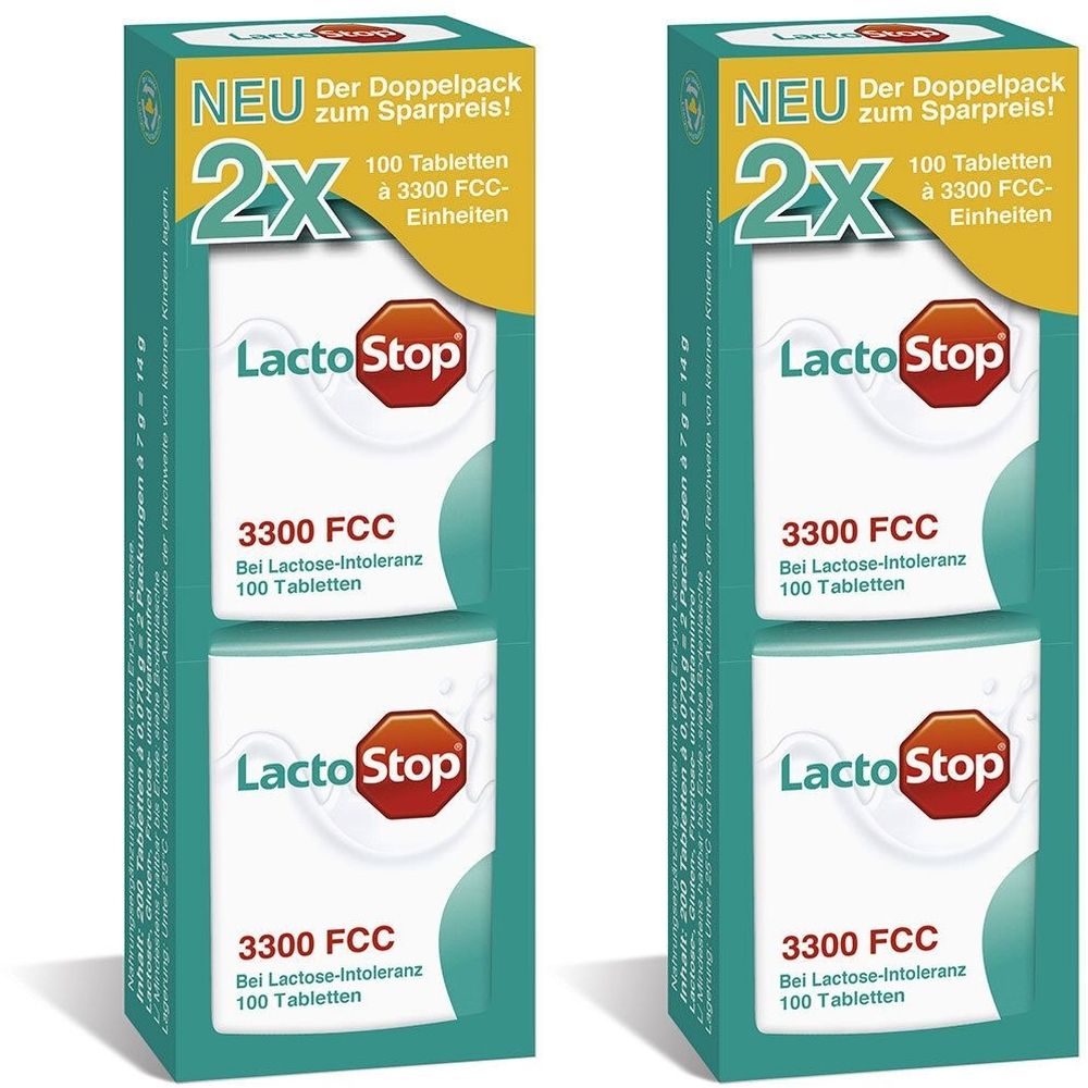 Doppelpackung LactoStop. Zwei Packungen mit Tabletten, 3300 FCC Einheiten. Aufschrift: Bei Lactose-Intoleranz. Grün-weißes Design.