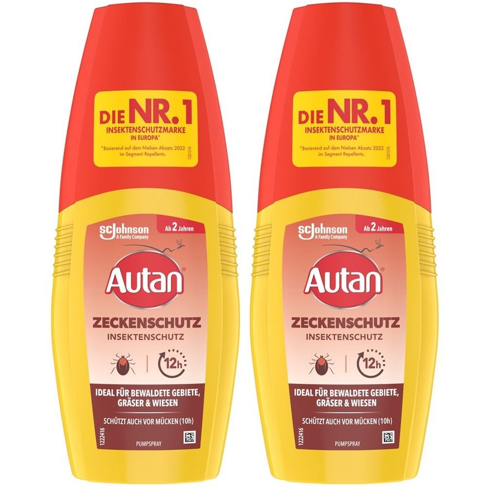 Zwei gelb-rote Flaschen. Aufschrift: Autan Zeckenschutz, Insektenschutz. Mit Logo und Text: Die Nr. 1 Insektenschutzmarke.