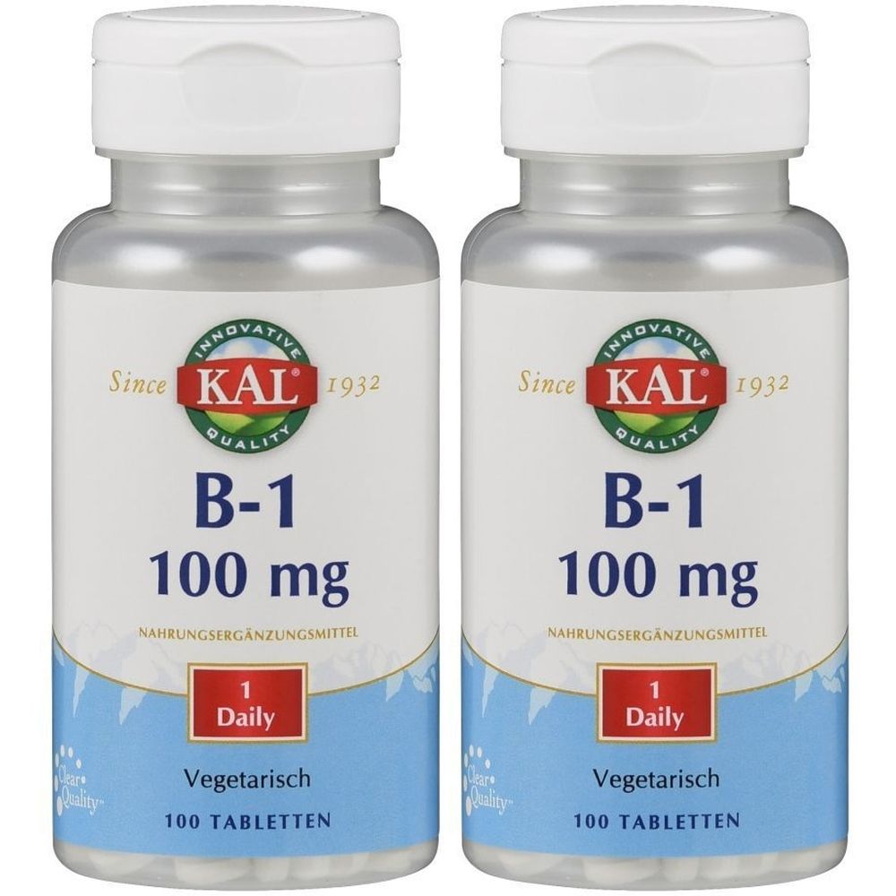 Zwei Flaschen mit weißem Deckel. Aufschrift: KAL B-1 100 mg, vegetarisch, 100 Tabletten. Logo: KAL, seit 1932.