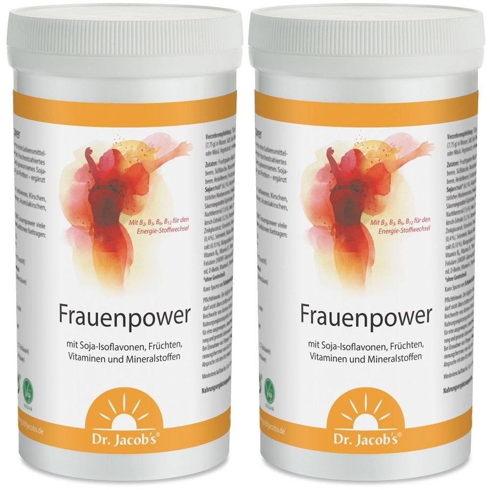 Zwei weiße Behälter mit gelb-orangenem Etikett. Aufschrift: Frauenpower, Dr. Jacob's. Abbildung einer Frau. Mit Soja-Isoflavonen, Vitaminen.