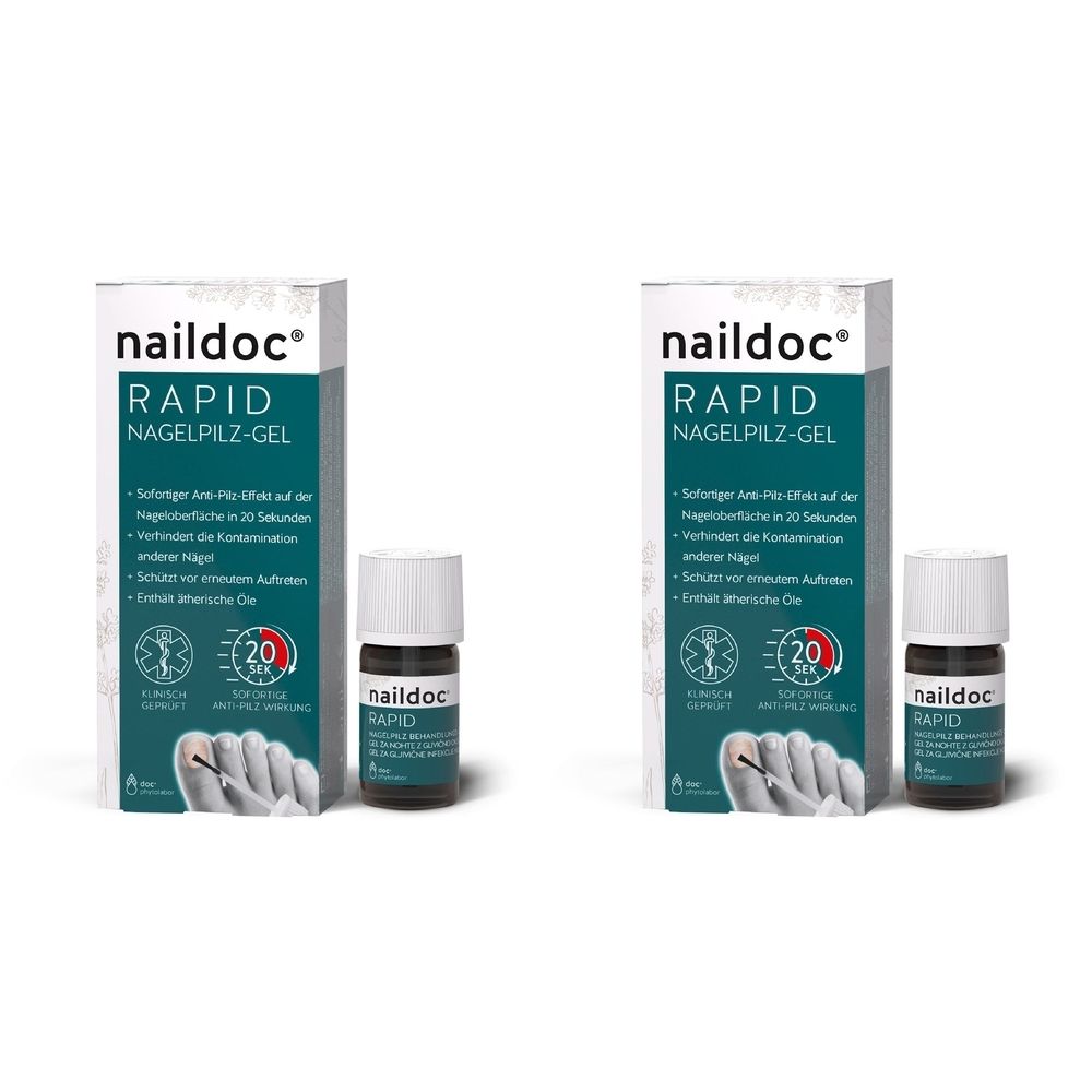 Zwei Packungen und Fläschchen von naildoc RAPID Nagelpilz-Gel. Die Verpackung zeigt Produktnamen und Logos. Fläschchen mit weißem Deckel.