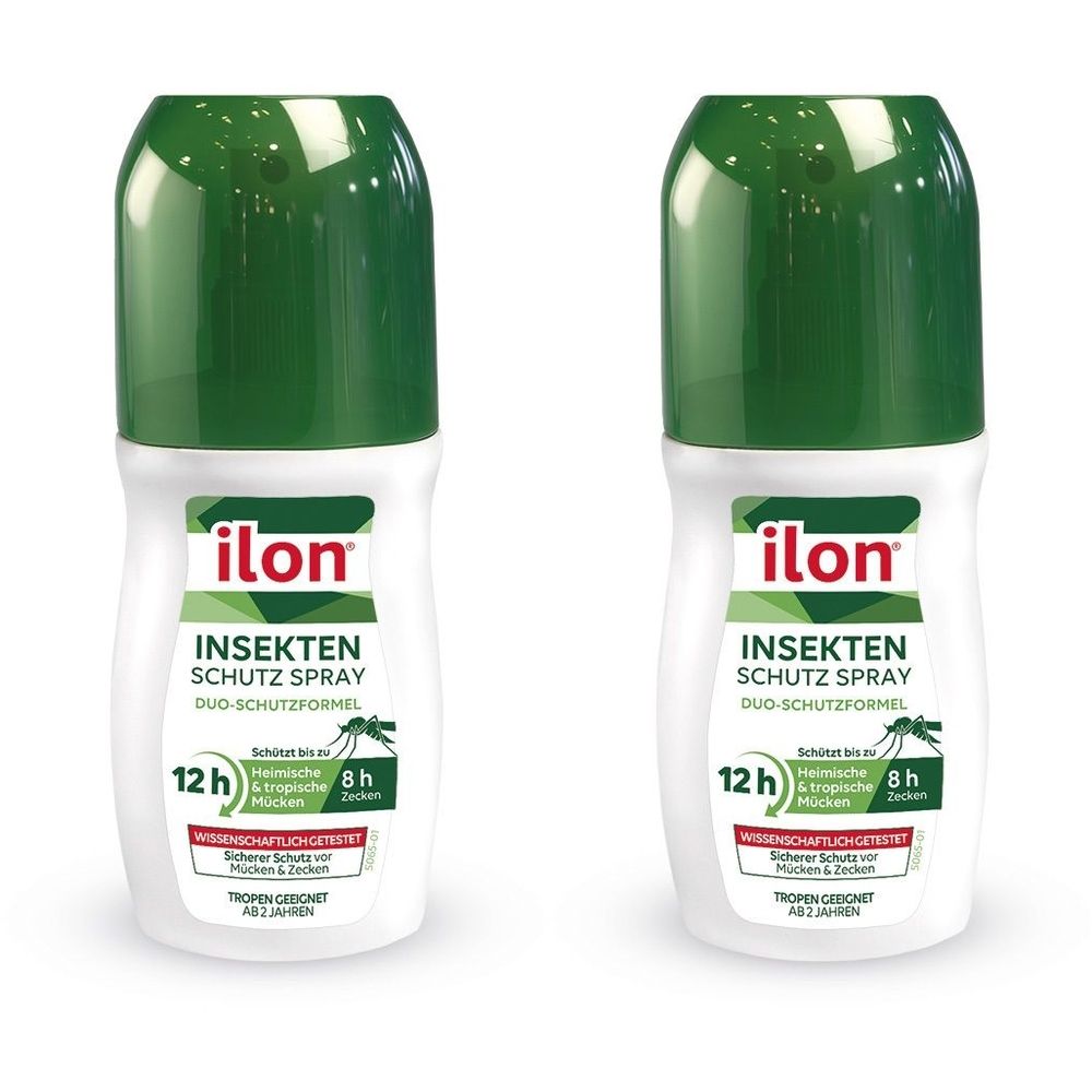 Zwei weiße Flaschen mit grünen Deckeln. Aufschrift: ilon Insektenschutzspray. Duo-Schutzformel. Schutz bis zu 12 Stunden. Wissenschaftlich getestet.