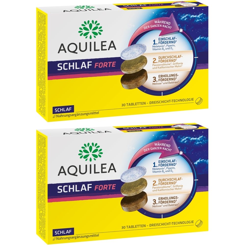 Zwei Schachteln AQUILEA Schlaf Forte. Gelbe Verpackung mit Produktnamen und Abbildung von Tabletten. 30 Tabletten.