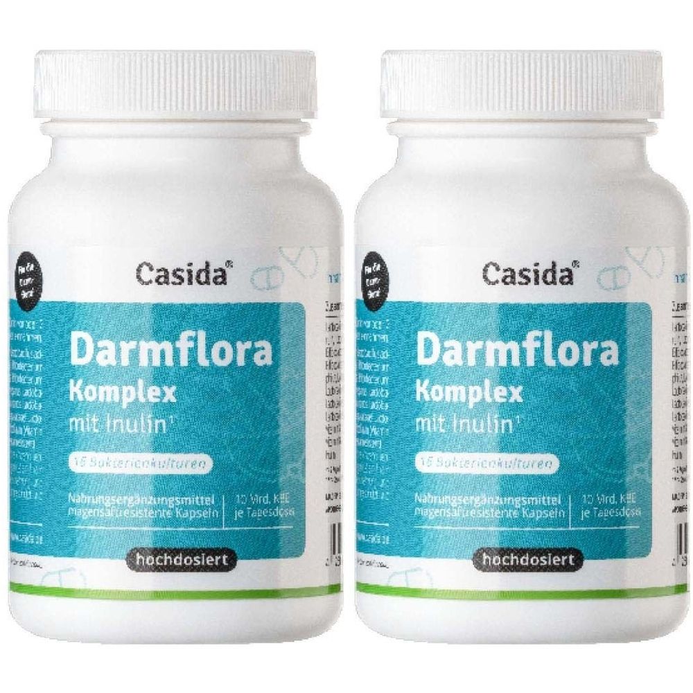 Zwei weiße Flaschen mit blau-weißen Etiketten. Aufschrift: Darmflora Komplex mit Inulin. Marke: Casida. Kapseln.