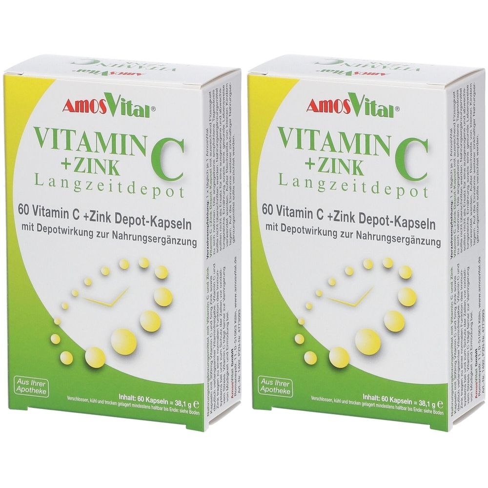 Zwei Schachteln AmosVital Vitamin C+Zink Depot Kapseln. Aufschrift: 60 Kapseln, Langzeitdepot. Grün-weißes Design.