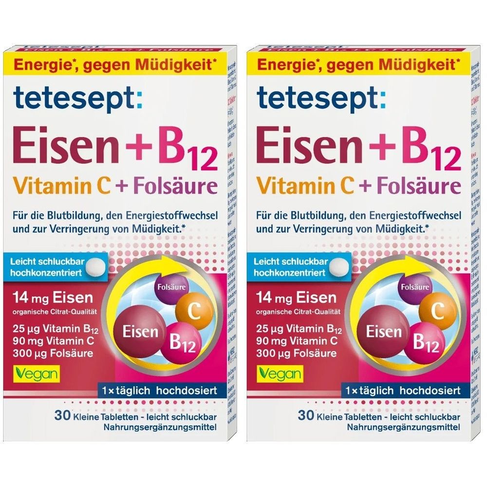Zwei Packungen tetesept Eisen + B12 + C + Folsäure. Aufschrift: Energie, gegen Müdigkeit. Enthält 30 Tabletten. Vegan.