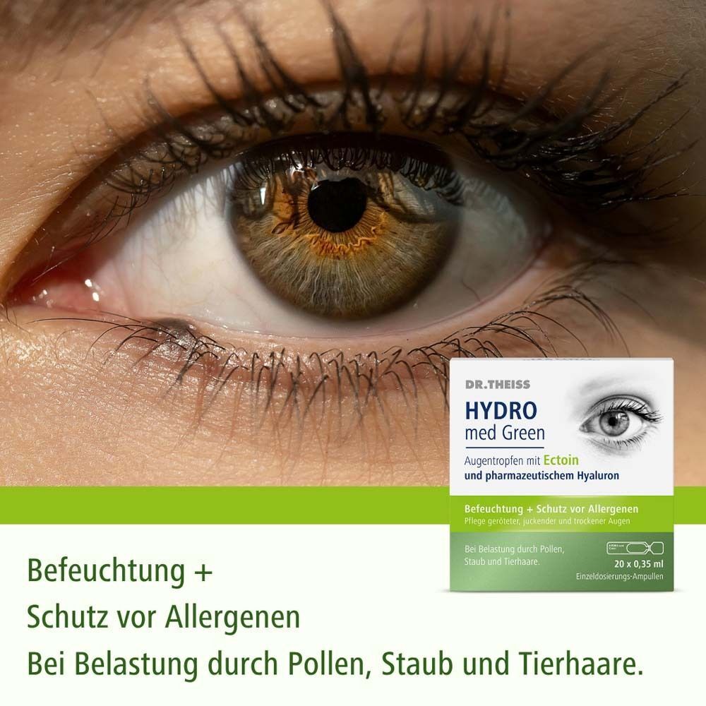 Nahaufnahme eines Auges mit einer Packung DR. THEISS Hydro med Green Augentropfen.