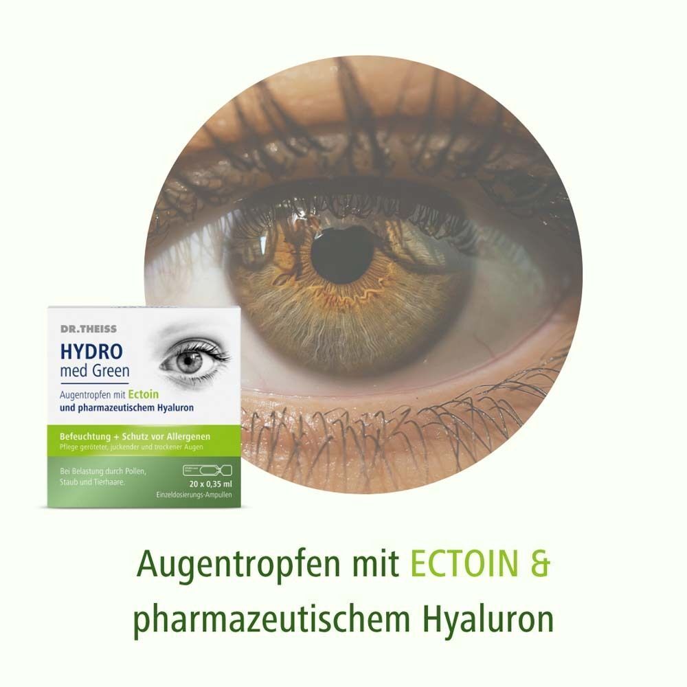 Ein Auge und eine Packung DR. THEISS Hydro med Green Augentropfen mit Ectoin und Hyaluron.