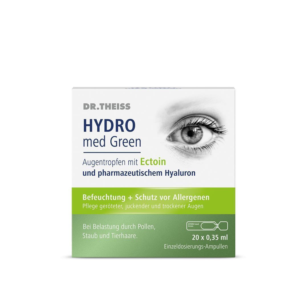 Packung DR. THEISS Hydro med Green Augentropfen mit Ectoin und Hyaluron.