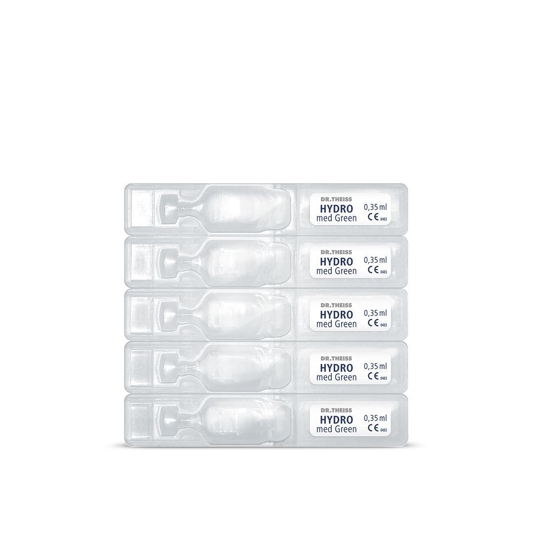 Fünf einzelne Ampullen DR. THEISS Hydro med Green Augentropfen, je 0,35 ml.