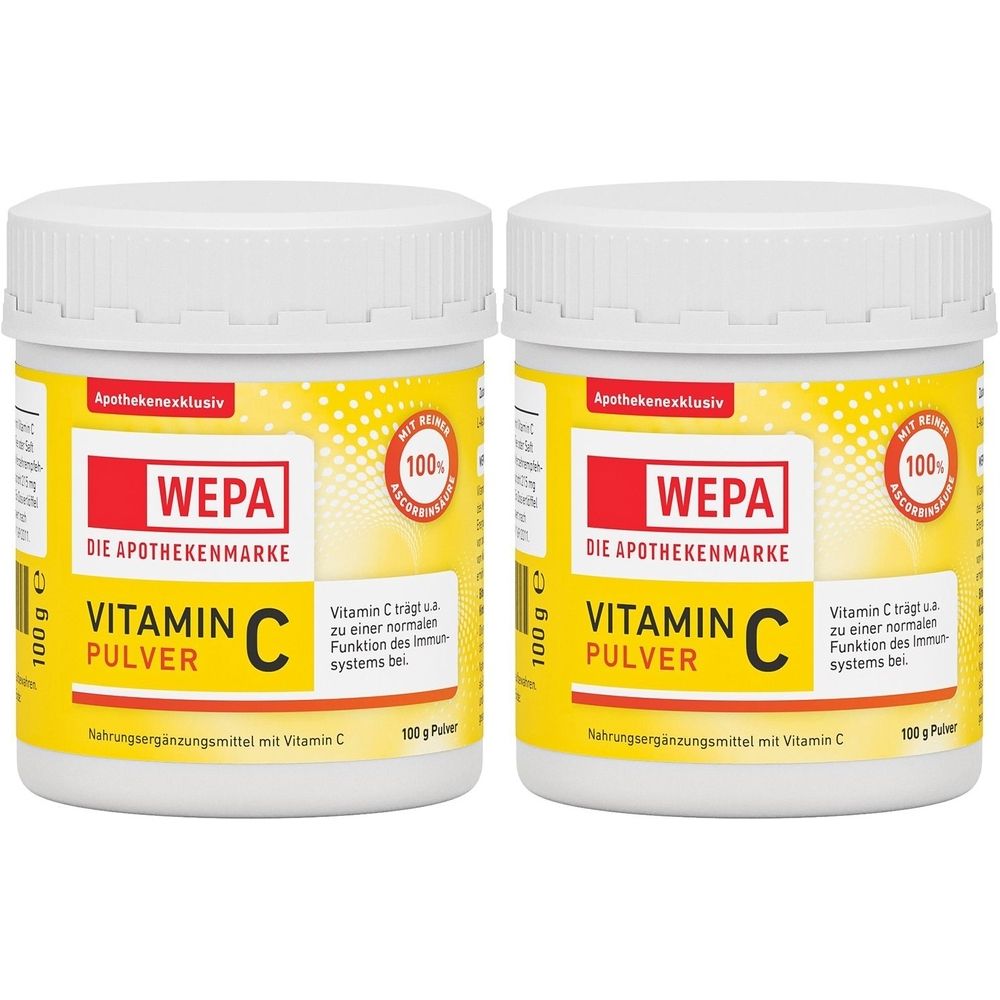 Zwei weiße Dosen WEPA Vitamin C Pulver. Aufschrift: Vitamin C Pulver, Apothekenexklusiv, 100 g. Gelber Hintergrund mit Text.