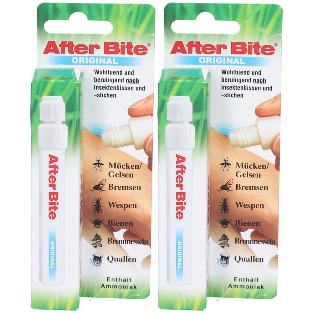 Zwei After Bite® Stifte in Blisterverpackung. Weißer Stift mit roter Schrift. Aufschrift: After Bite Original. Enthält Ammoniak.