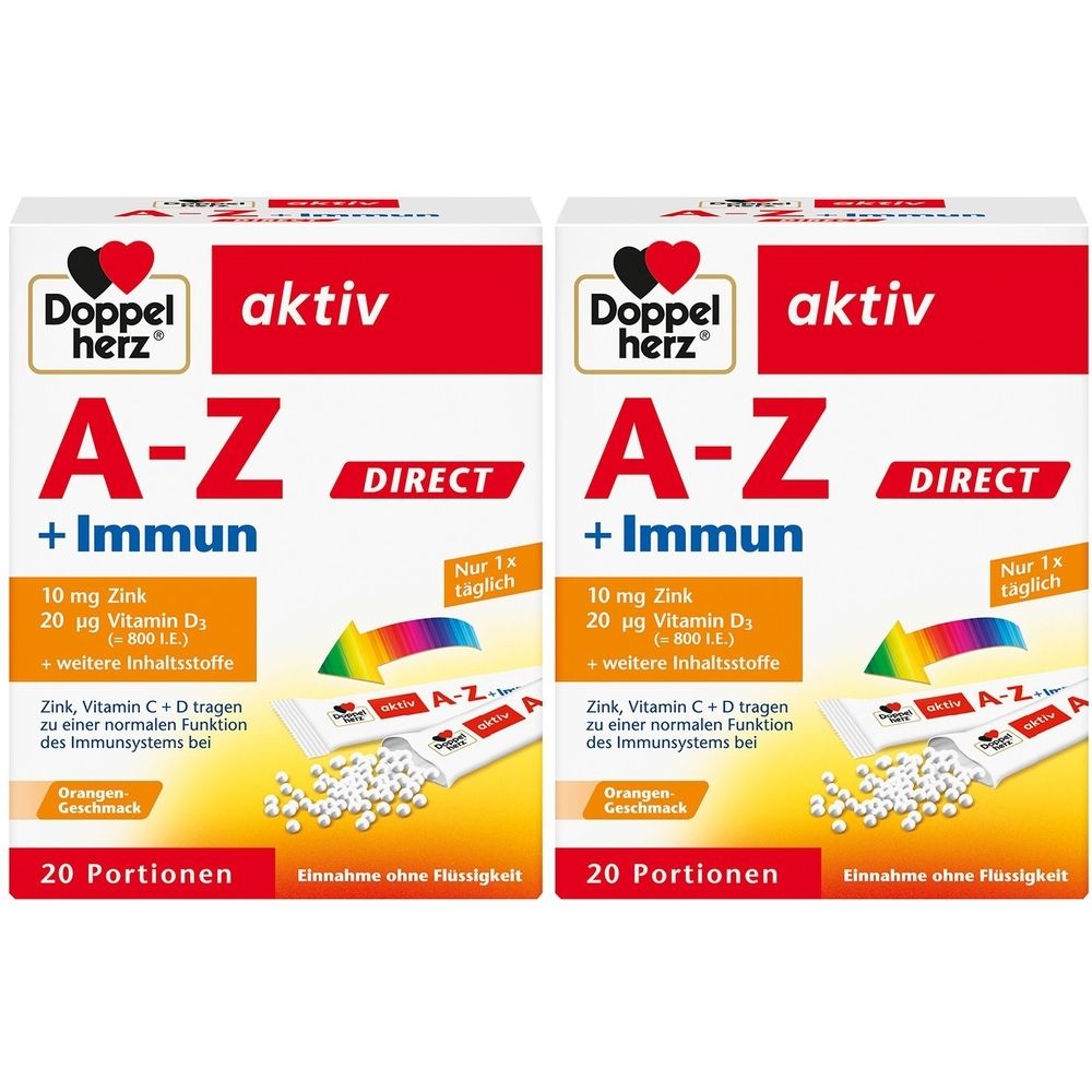 Zwei Packungen Doppelherz aktiv A-Z + Immun Direct. Weiße Schachteln mit roter Schrift. Enthält 20 Portionen. Orangen-Geschmack.