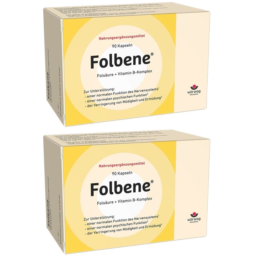 Zwei Schachteln Folbene. Aufschrift: Nahrungsergänzungsmittel, 90 Kapseln, Folsäure + Vitamin B-Komplex. Logo: Wörwag.