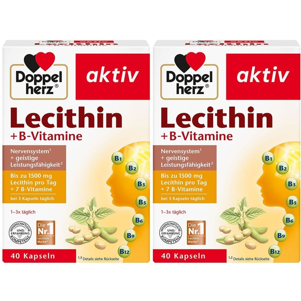 Zwei Packungen Doppelherz aktiv Lecithin + B-Vitamine. Rote und weiße Verpackung mit Produktnamen und Illustrationen. 40 Kapseln.