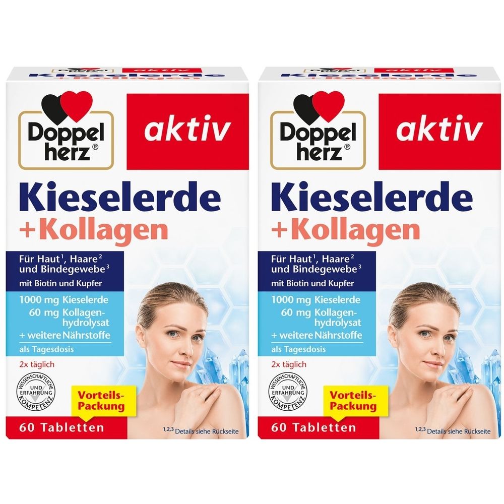 Zwei Packungen Doppelherz aktiv Kieselerde + Kollagen. Weiße Verpackung mit rotem Akzent. Enthält 60 Tabletten.