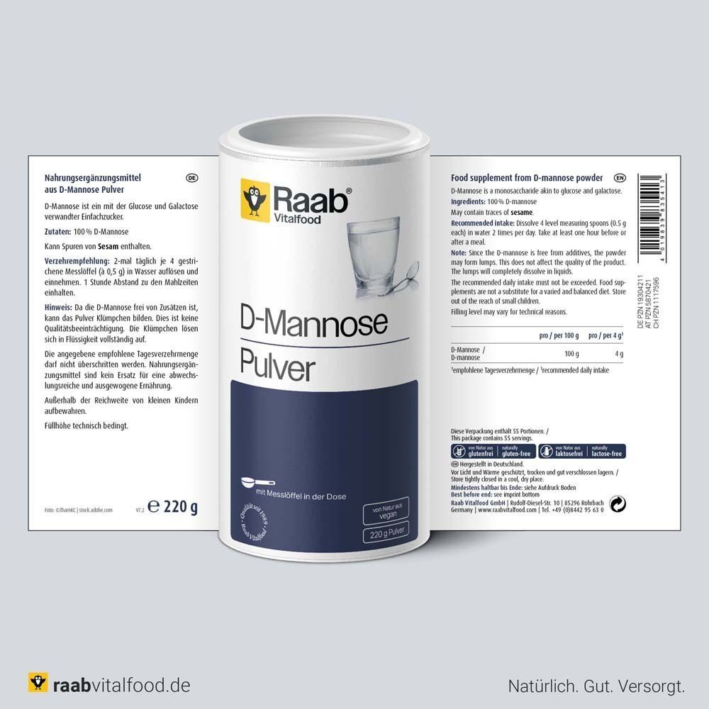 Dose Raab Vitalfood D-Mannose Pulver, 220g, mit geöffnetem Deckel und Nährwertangaben.