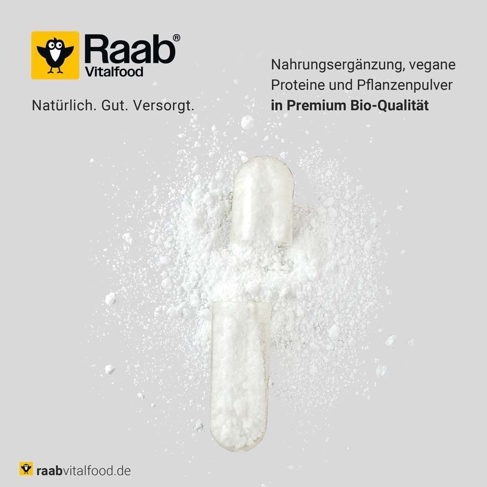 Eine leere Kapsel auf D-Mannose Pulver. Raab Vitalfood. Premium Bio-Qualität.