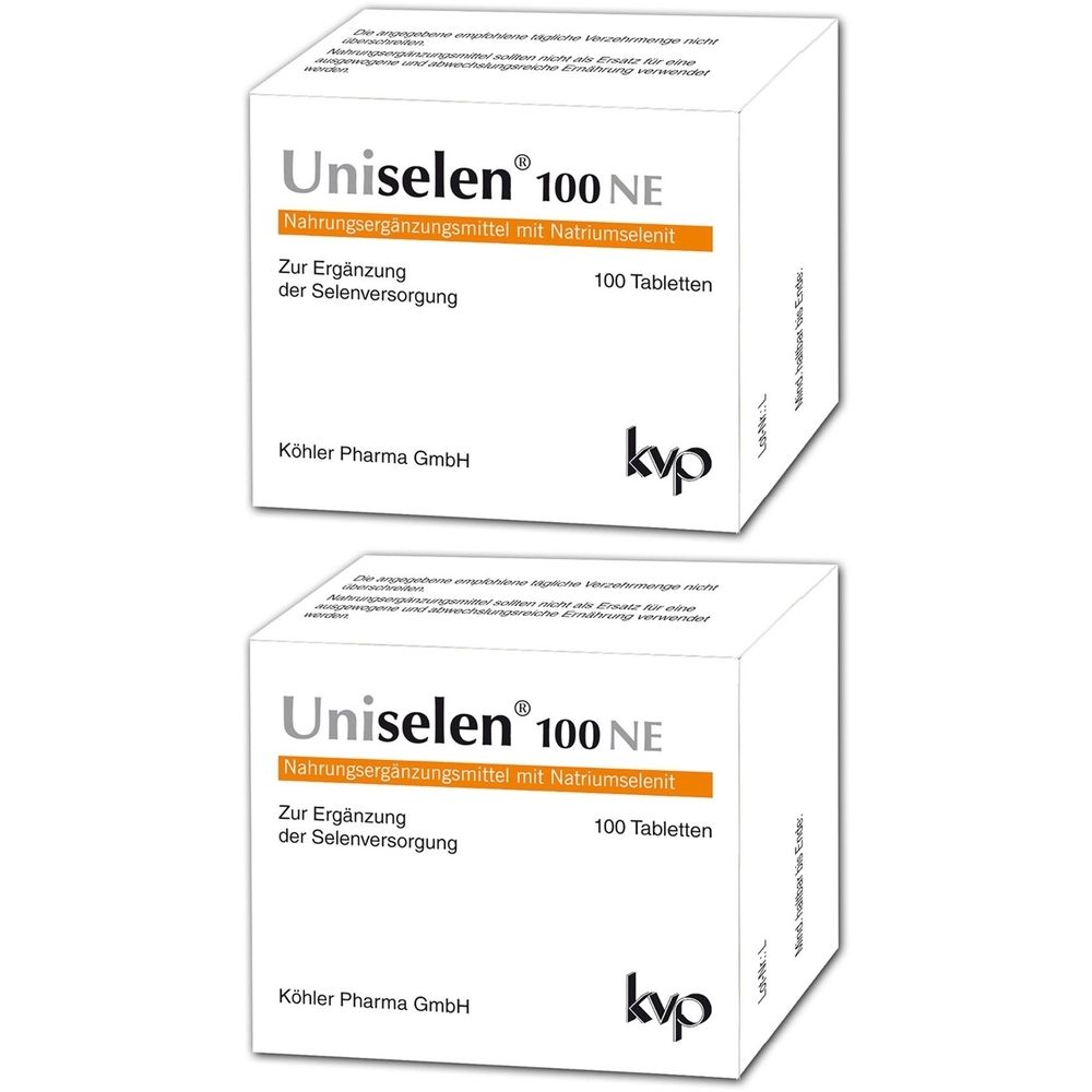 Zwei weiße Schachteln mit der Aufschrift Uniselen® 100 NE. Aufschrift: Nahrungsergänzungsmittel, 100 Tabletten.