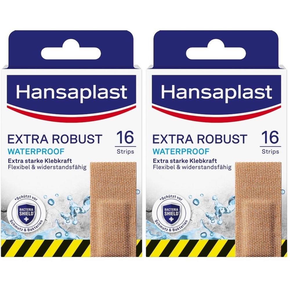 Zwei Packungen Hansaplast Extra Robust Pflaster. Aufschrift: Extra Robust, Waterproof, 16 Strips. Mit Bakterienschutz-Logo.
