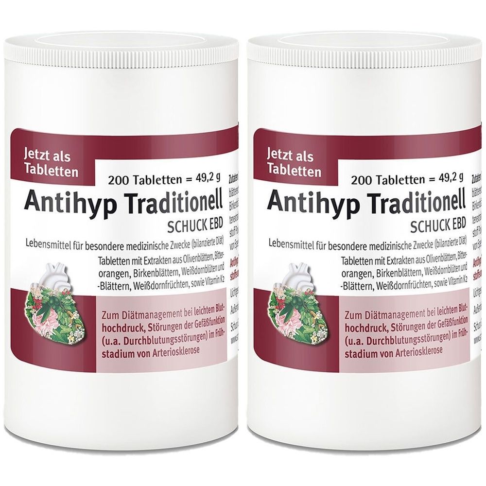 Zwei weiße Tablettenbehälter mit roter Beschriftung. Aufschrift: Antihyp Traditionell, 200 Tabletten. Abbildung eines Herzens mit Blättern.
