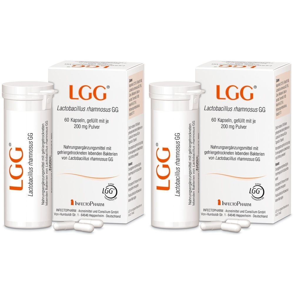 Zwei weiße Flaschen und zwei Kartons mit der Aufschrift LGG Lactobacillus rhamnosus GG. Einige Kapseln liegen daneben.