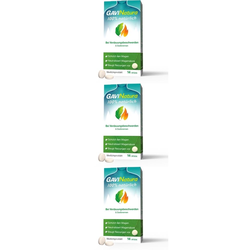 Drei Packungen GAVINatura Lutschtabletten. Jede Packung zeigt das Logo und Text. Darunter Tabletten.
