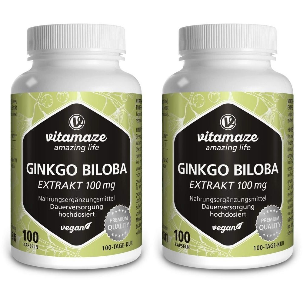 Zwei weiße Flaschen mit Ginkgo Biloba Extrakt. Schwarzes Etikett mit Produktnamen und Logo. Vegan, 100 Kapseln.