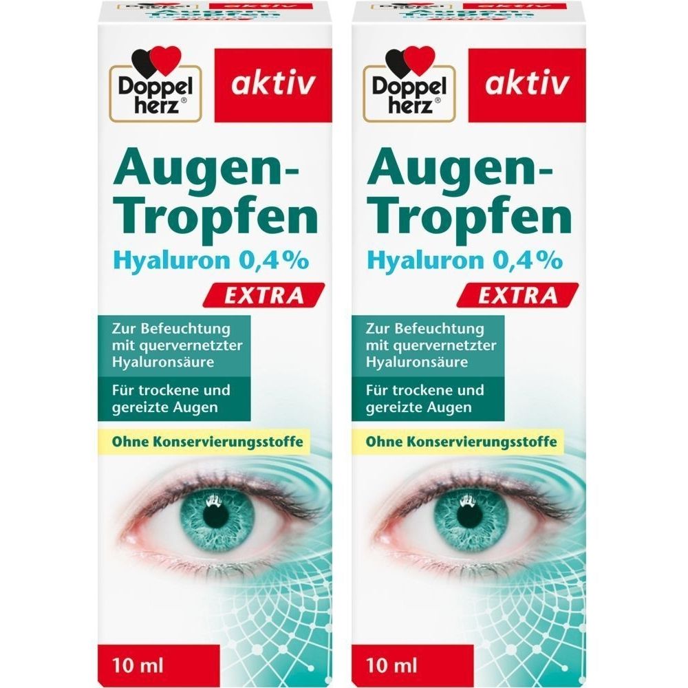 Zwei Packungen Augentropfen. Aufschrift: Augen-Tropfen, Hyaluron 0,4%, Extra. Enthält 10 ml. Ohne Konservierungsstoffe.