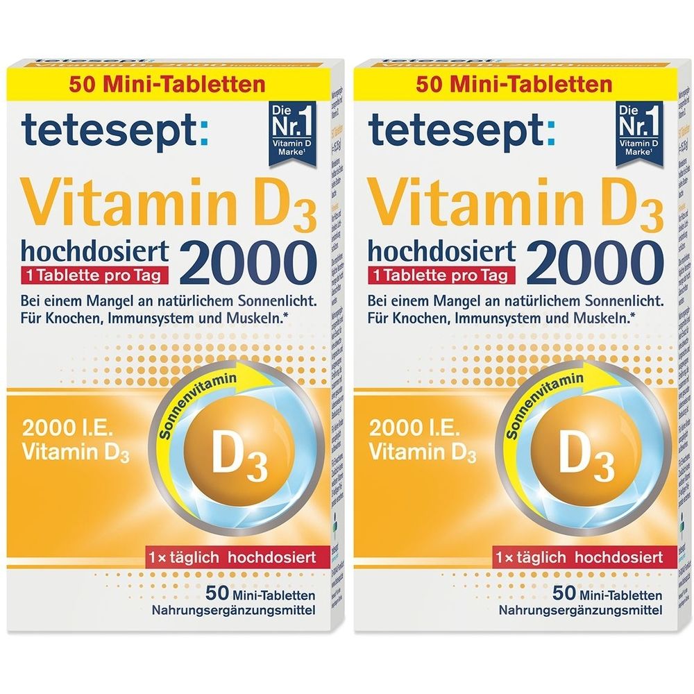 Zwei Packungen tetesept® Vitamin D3 2000 hochdosiert. Aufschrift: 50 Mini-Tabletten, Vitamin D3, 2000, 1 Tablette pro Tag. Nahrungsergänzungsmittel.