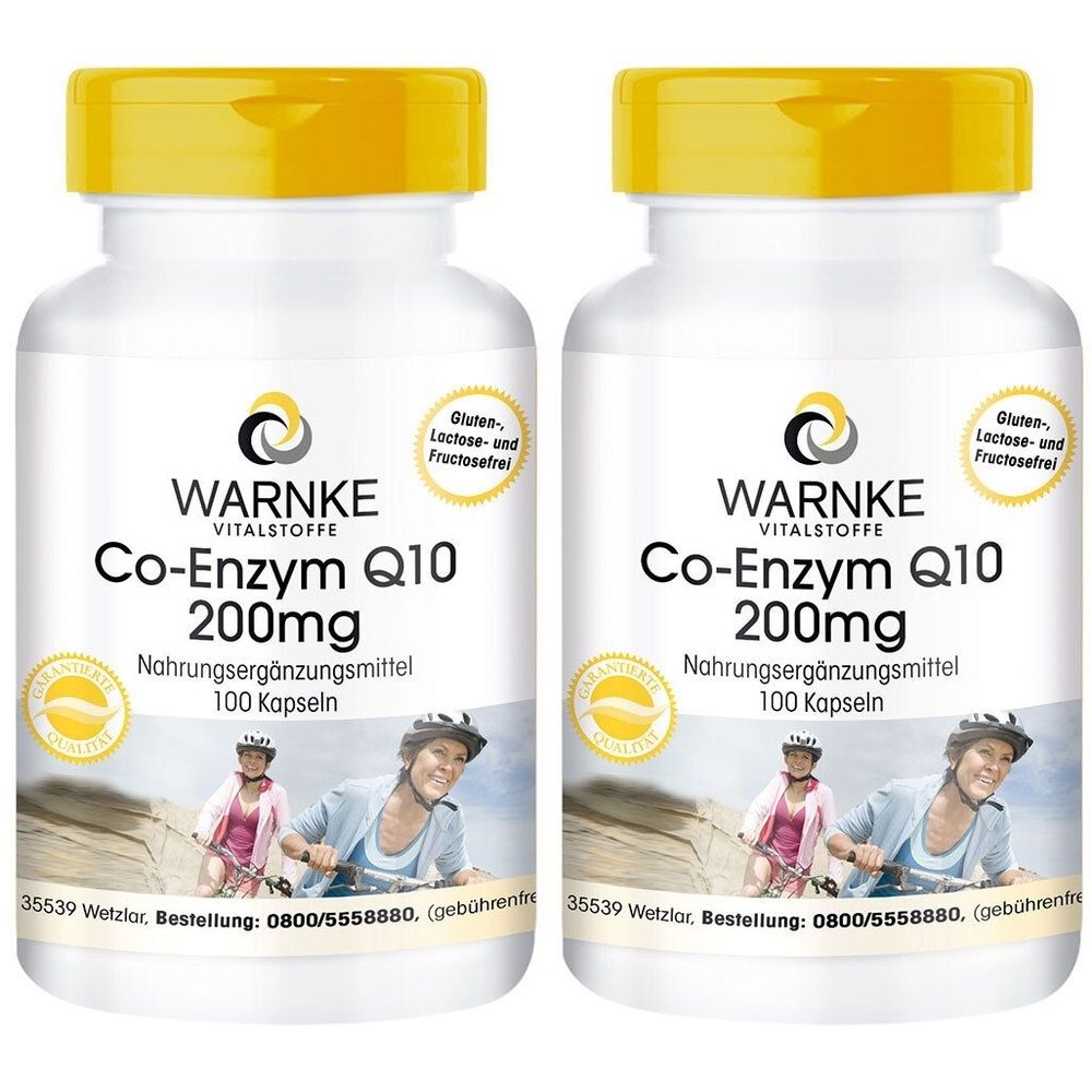 Zwei weiße Flaschen mit gelben Deckeln. Aufschrift: WARNKE VITALSTOFFE Co-Enzym Q10 200mg, Nahrungsergänzungsmittel, 100 Kapseln. Gluten-, Lactose- und Fructosefrei.