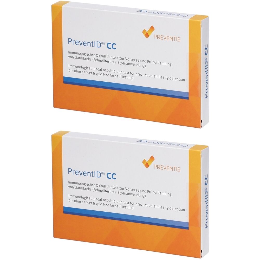 Zwei rechteckige Kartons mit der Aufschrift PreventID® CC. Text in Deutsch und Englisch. Orangefarbene und weiße Verpackung.