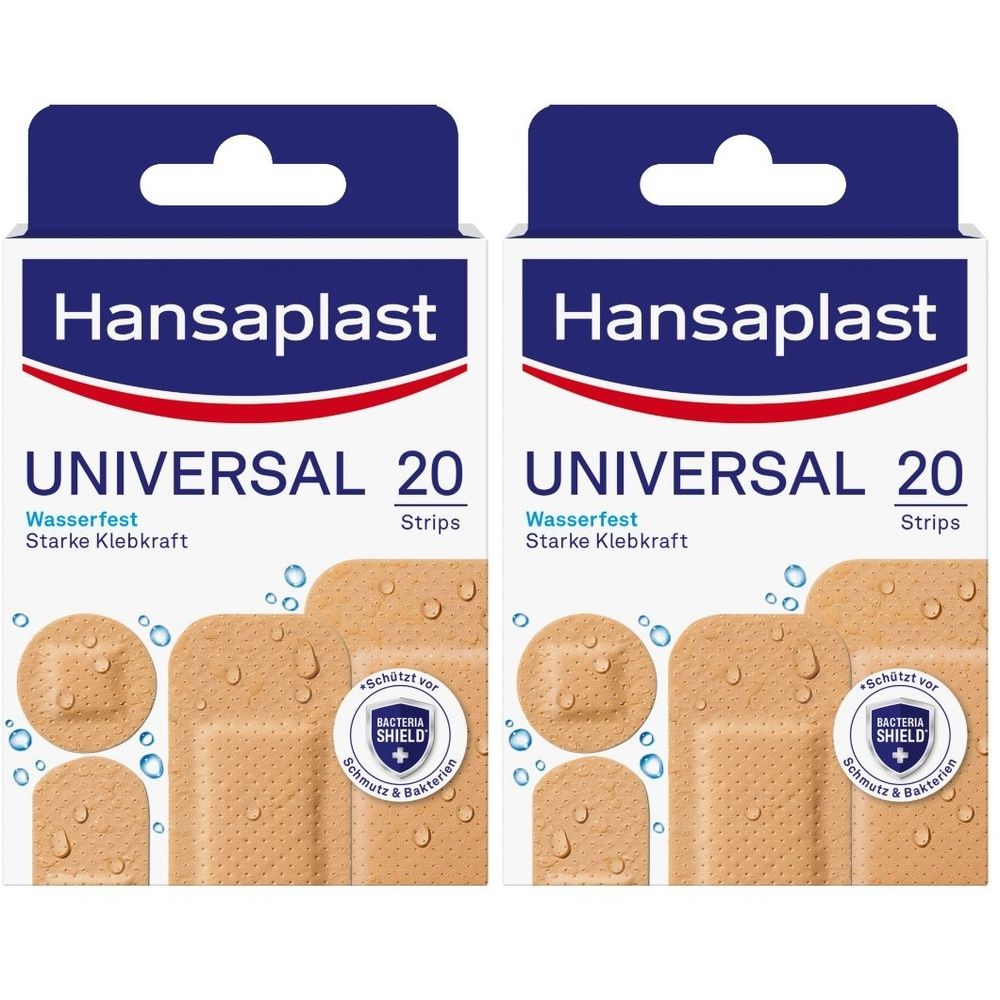 Zwei Packungen Hansaplast Universal Pflaster. Aufschrift: UNIVERSAL 20 Strips, wasserfest, starke Klebkraft. Mit Bacteria Shield.