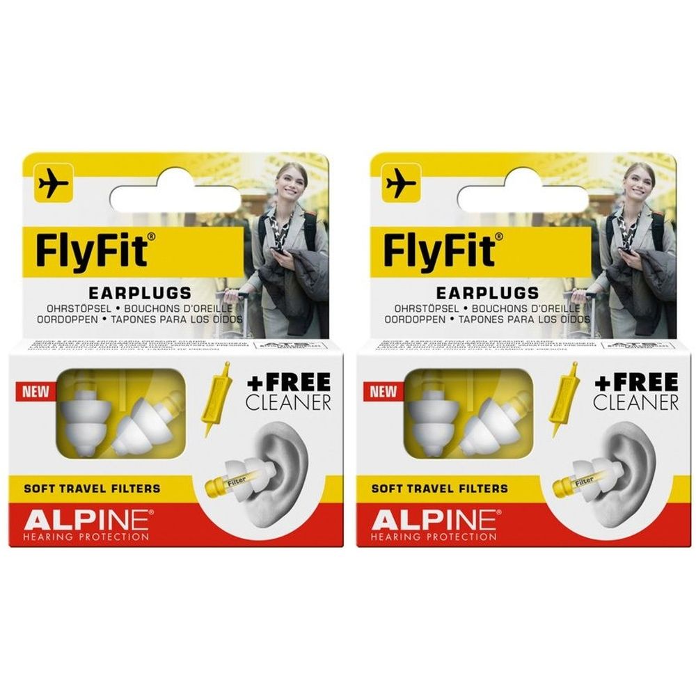 Zwei Packungen Alpine FlyFit Ohrstöpsel. Weiße Ohrstöpsel, gelber Reiniger und Ohr-Abbildung. Text: FlyFit, Earplugs, Alpine Hearing Protection.