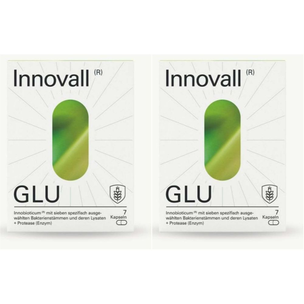 Zwei weiße Schachteln mit dem Logo Innovall und der Aufschrift GLU. Auf jeder Schachtel ist eine grüne Kapsel abgebildet.