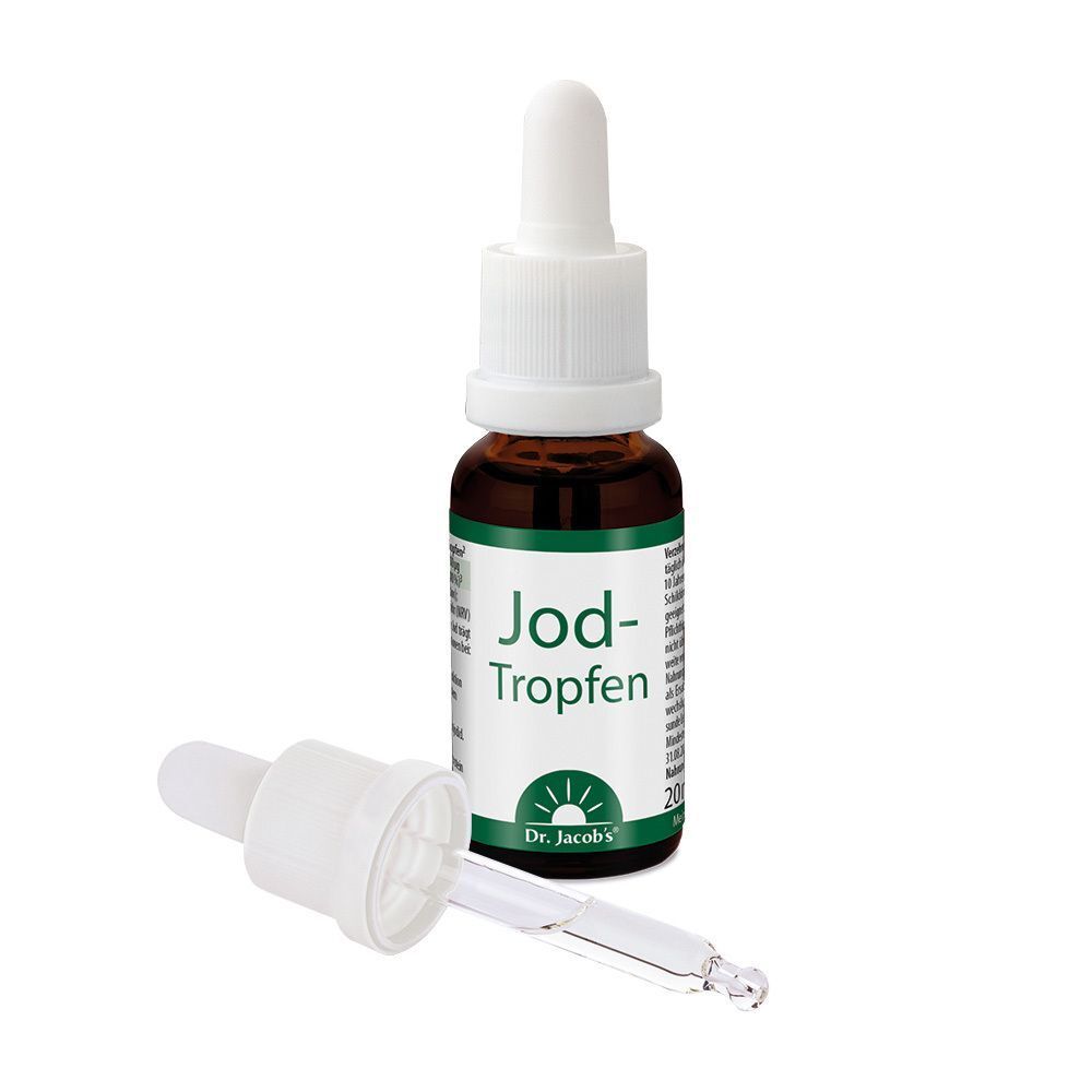 Eine Flasche Jod-Tropfen mit Pipettenverschluss und ein abgenommener Pipettenaufsatz daneben.