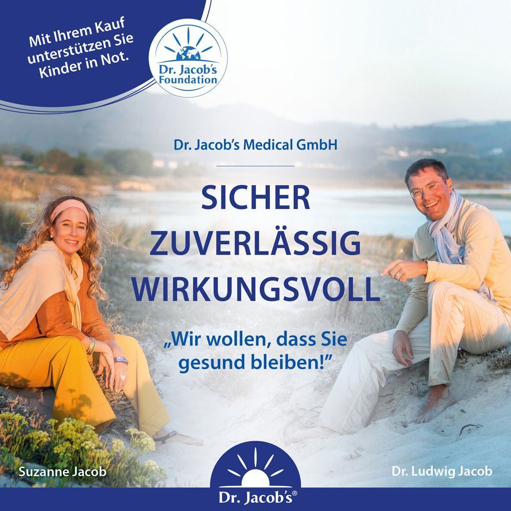 Werbebild mit einem Paar am Strand, Text 'Sicher Zuverlässig Wirkungsvoll' und Logo 'Dr. Jacob's Foundation'.