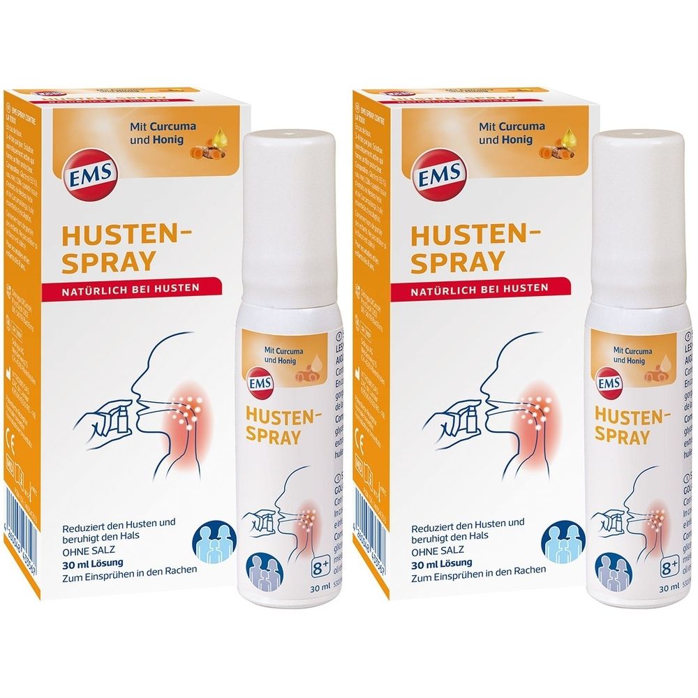Zwei Packungen und Sprays. Aufschrift: EMS HUSTEN-SPRAY. Mit Curcuma und Honig. Natürliche Hustenbehandlung. 30 ml Lösung. Für Kinder ab 8 Jahren.