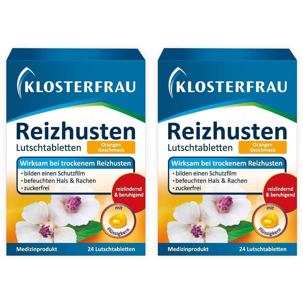 Zwei Packungen Klosterfrau Reizhusten Lutschtabletten. Blaue und gelbe Verpackung mit Produktnamen und floralem Design. 24 Tabletten.