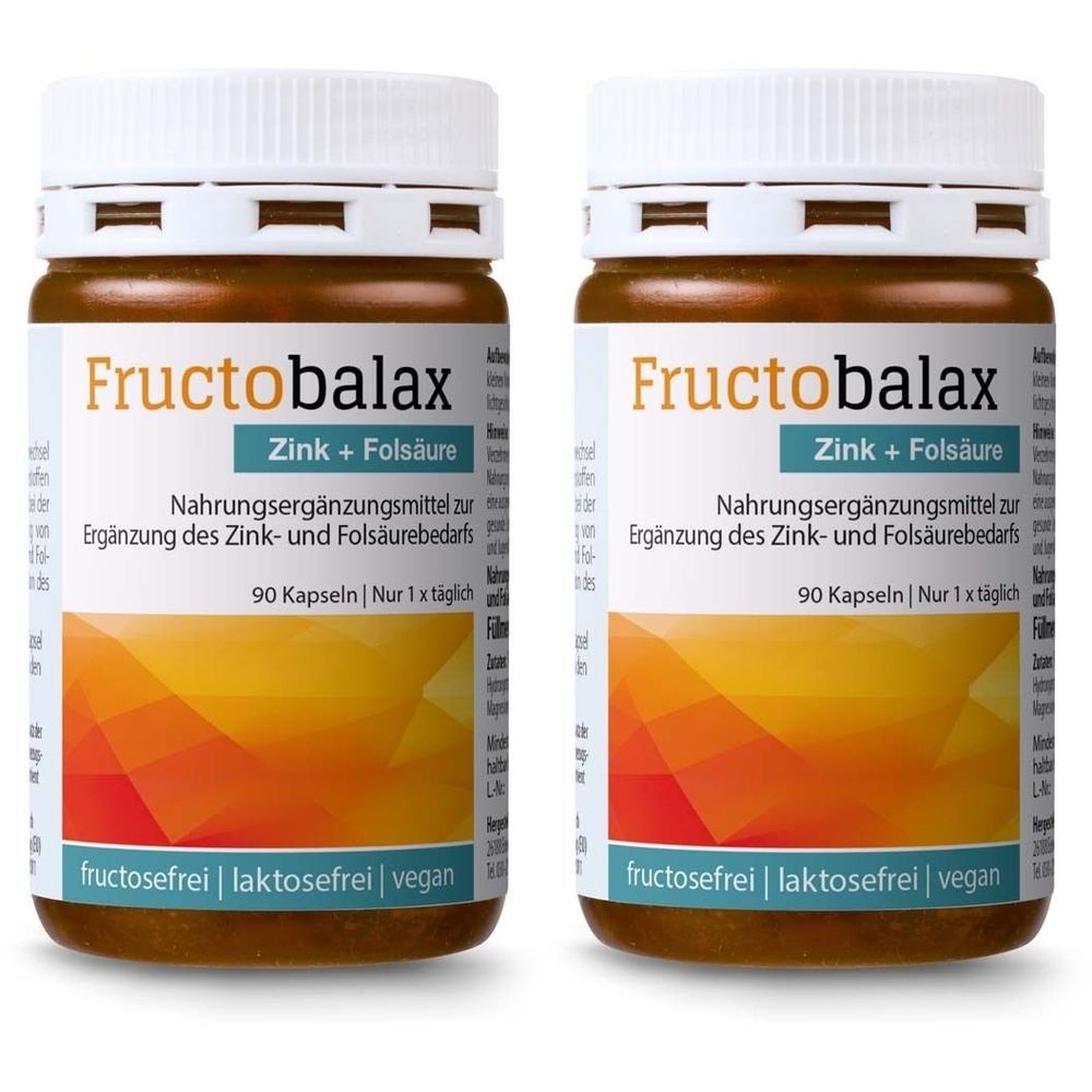 Zwei Flaschen mit dem Produktnamen Fructobalax. Aufschrift: Zink + Folsäure, 90 Kapseln, fructosefrei, laktosefrei, vegan.