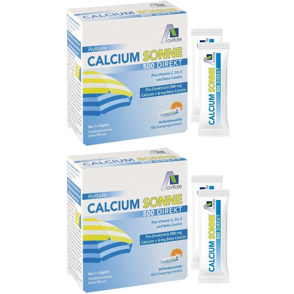 Zwei Packungen Avitale Calcium Sonne 500 Direkt mit je 10 Portionssticks.