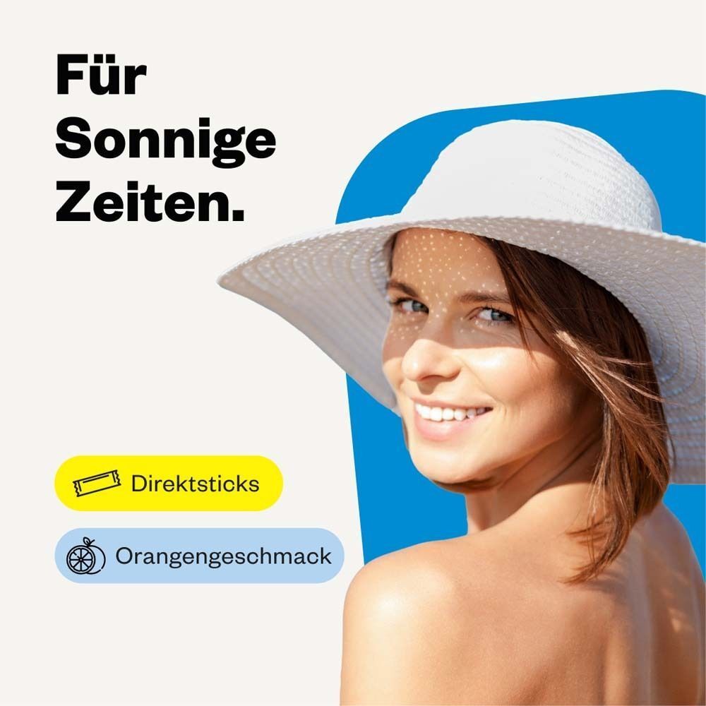 Frau mit Hut lächelt, daneben "Direktsticks" und "Orangengeschmack".