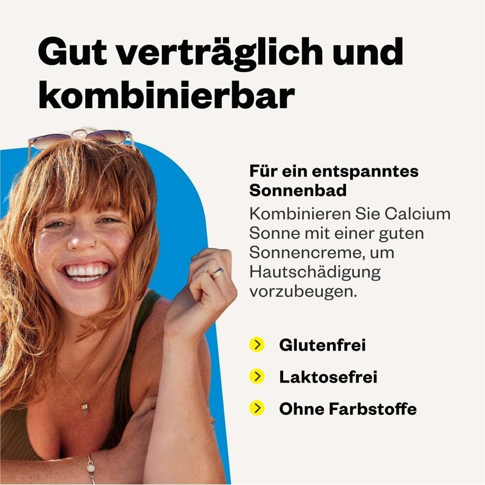 Frau lächelt, Produkt ist glutenfrei, laktosefrei und ohne Farbstoffe.