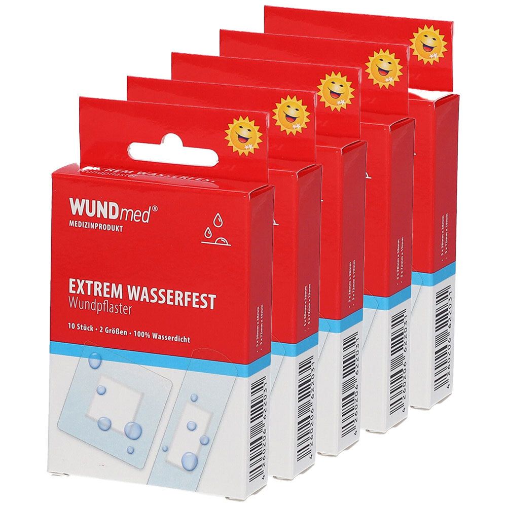 Mehrere Packungen WUNDmed Pflaster. Rote Verpackung mit weißer Schrift. Aufschrift: Extrem Wasserfest. Sonnen-Icon.