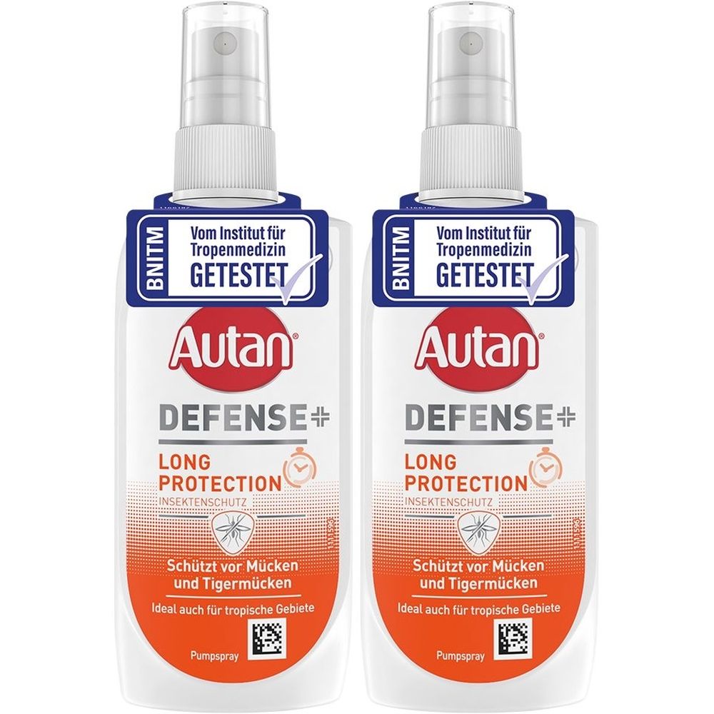 Zwei Sprays mit weißem Behälter und Sprühkopf. Aufschrift: Autan Defense+, Long Protection. Getestet vom Institut für Tropenmedizin.