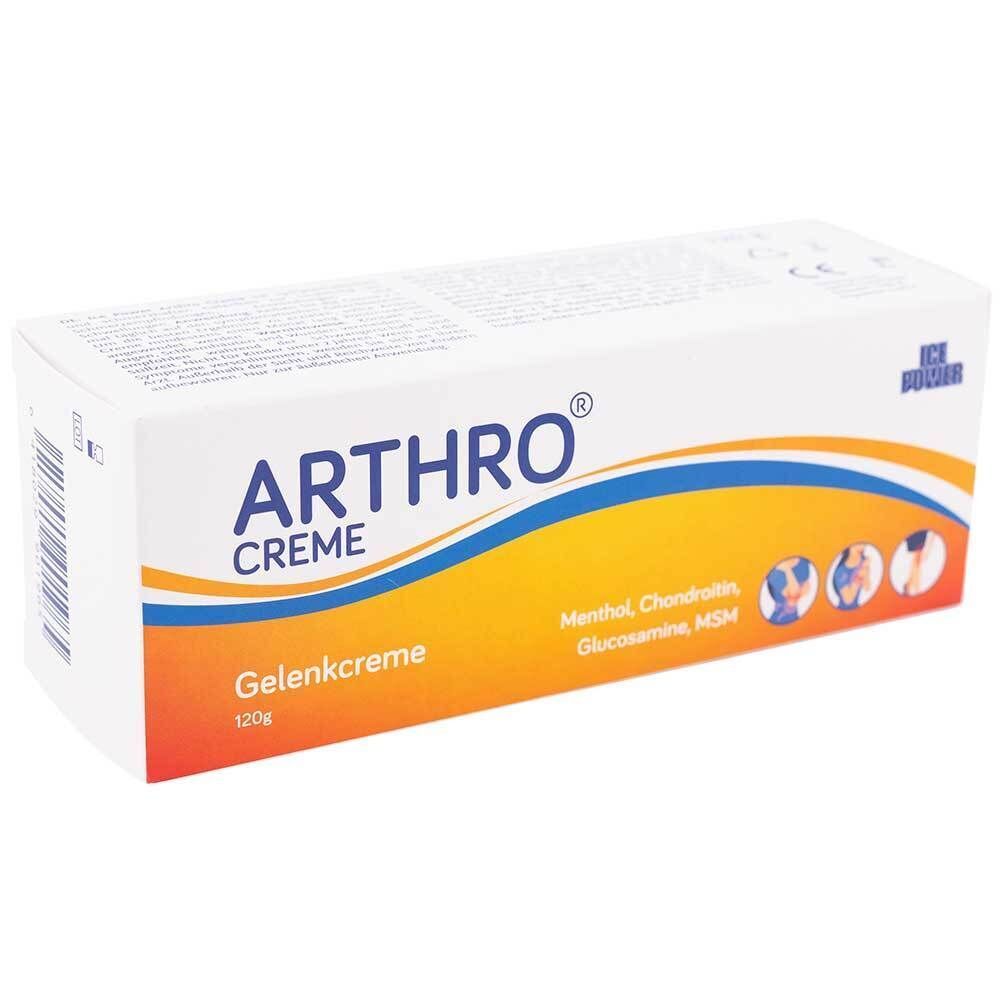 Schachtel von Ice Power Arthro Creme Gelenkcreme (120g) mit Menthol, Chondroitin, Glucosamin, MSM und Gelenksymbolen.