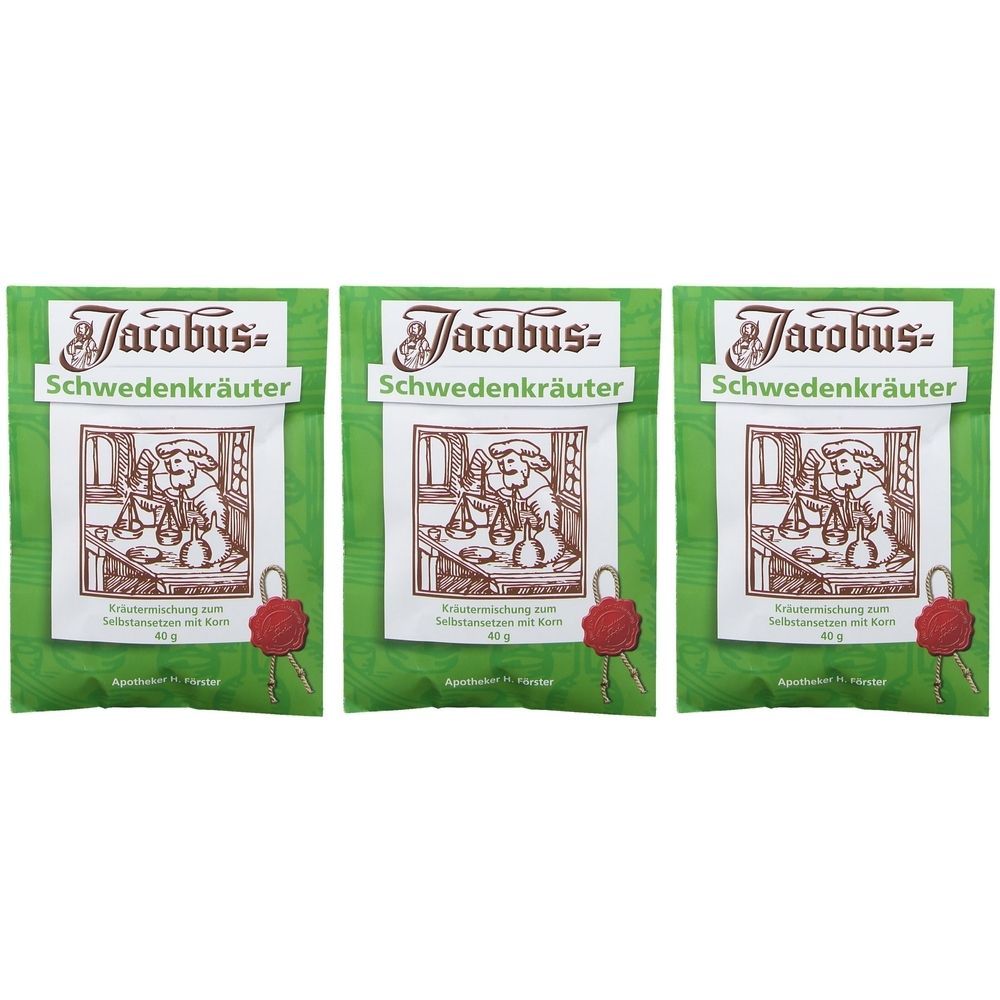 Drei grüne Beutel mit dem Aufdruck "Jacobus Schwedenkräuter". Jeder Beutel zeigt ein Bild und Text.