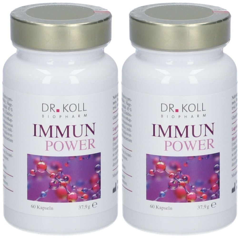 Zwei weiße Flaschen mit goldfarbenen Deckeln. Aufschrift: DR. KOLL BIOPHARM IMMUN POWER. 60 Kapseln, 37,9g.